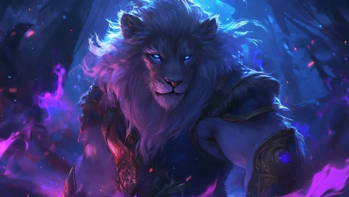 Armored blue-eyed lion warrior in glowing mystical forest.