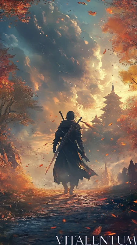 Solitary swordsman on autumn path toward tiered pagoda.