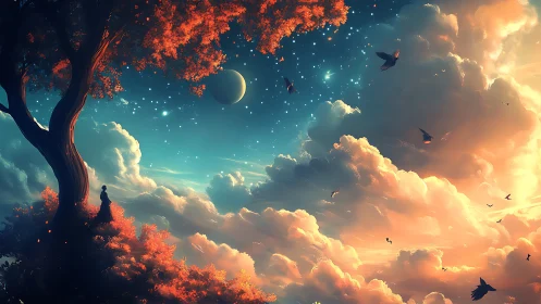 Solitary figure under glowing sky with drifting clouds.