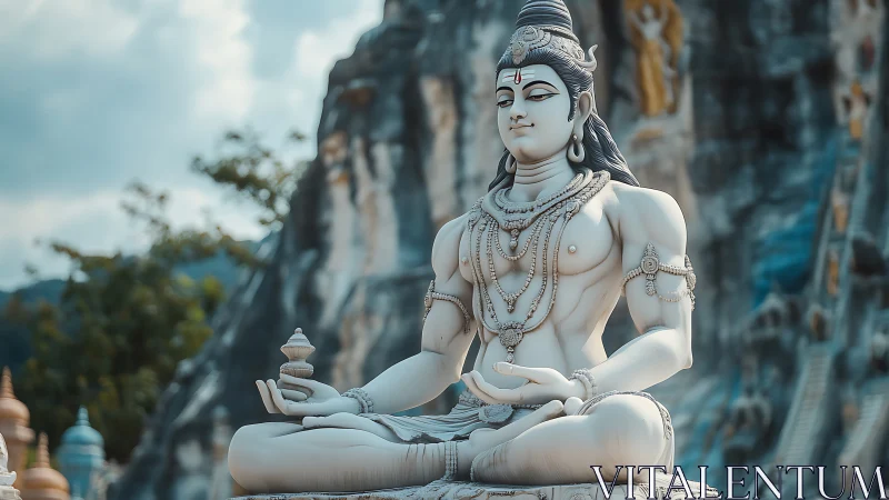 Large seated stone deity statue is positioned outdoors