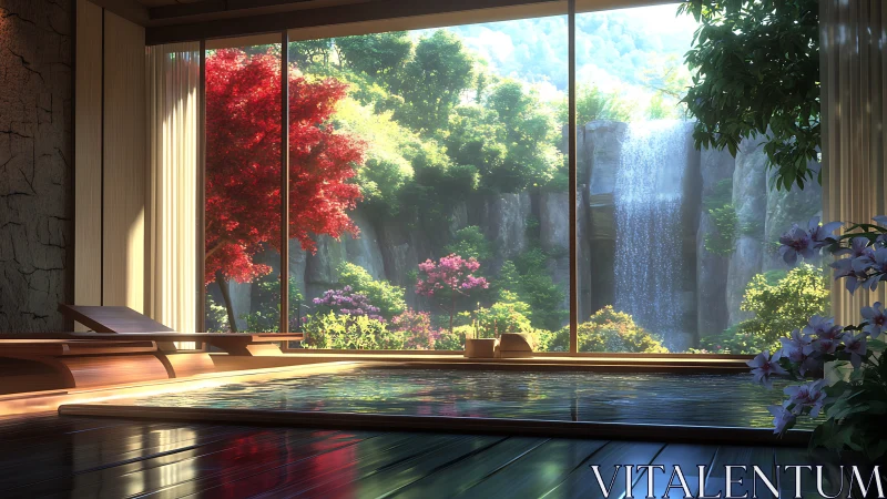 Indoor spa pool facing lush garden with waterfall view.