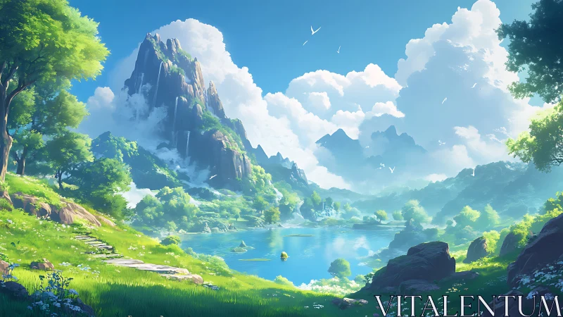 Sunlit mountain lake invites peaceful wandering and rest