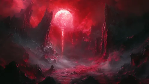 Crimson hellscape under erupting blood moon vortex