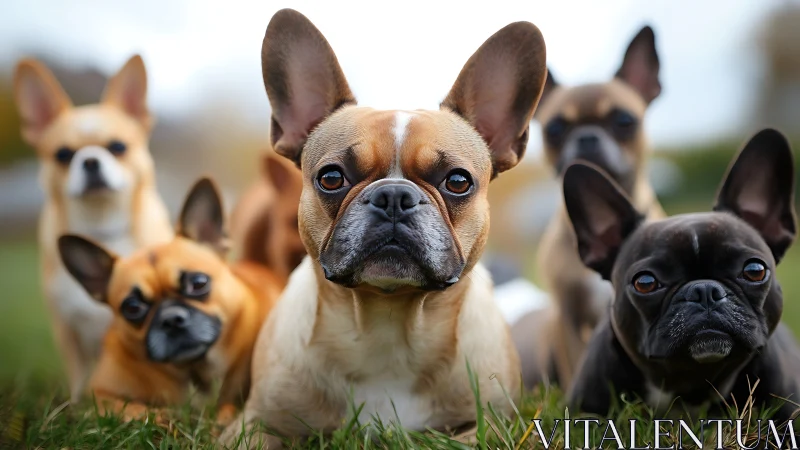 French bulldogs grouped on grass in shallow focus field.