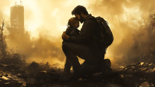 Kneeling guardian cradles child in ember-tinted wasteland.