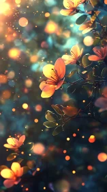 Bokeh-illuminated floral branches in atmospheric digital glow.