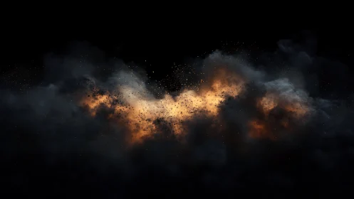 Explosive fire cloud drifts through deep black darkness.