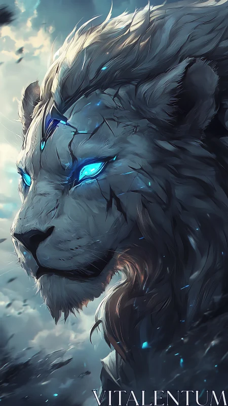 Mystic white lion with glowing blue eyes in stormy skies.
