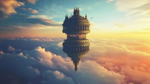 Floating sky citadel hovers above glowing sunset clouds