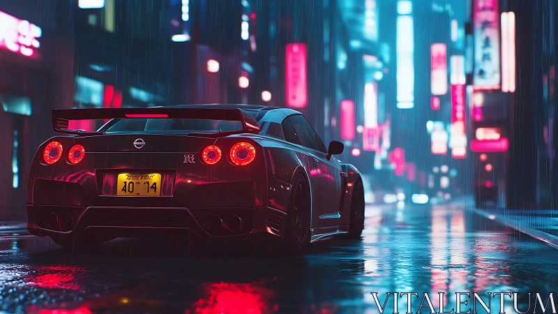 Rear-lit Nissan GT-R in neon-lit rain-soaked urban nightscape