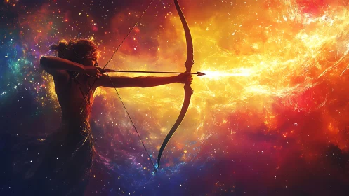 Starlit archer looses a blazing arrow across cosmic dawn.