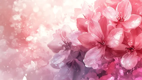 Pink Cherry Blossom Blossoms: Translucent Floral Petals with Bokeh Effects.