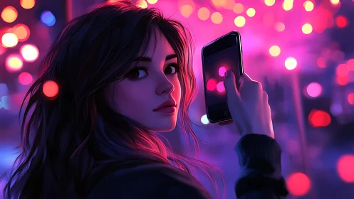 Girl with smartphone gazes into neon city lights at night