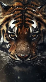 Tiger portrait with piercing eyes in falling snowstorm.