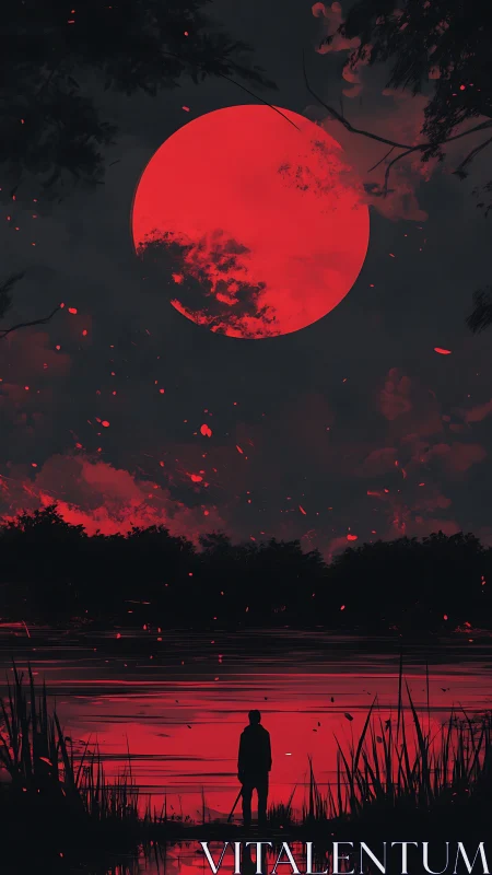 Lacustrine silhouette beneath hyper-saturated crimson supermoon.