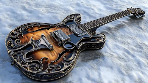 Baroque electric guitar with ornate metallic scrollwork body