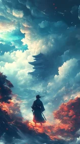 Lone samurai walking through fire toward distant sky temple.