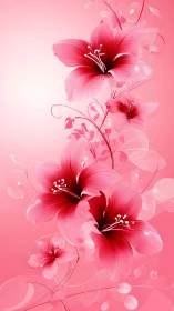 Gradient Hibiscus Blooms with Flourishing Vine Tendrils on Pink.