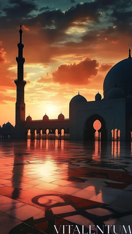 Sunset mosque courtyard glows in warm reflective stillness