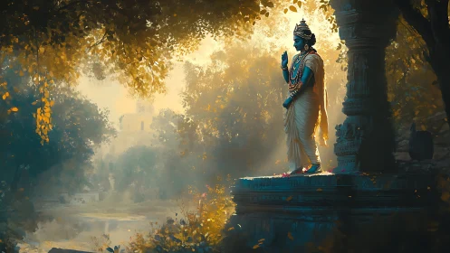 Serene blue deity statue glows in golden forest light