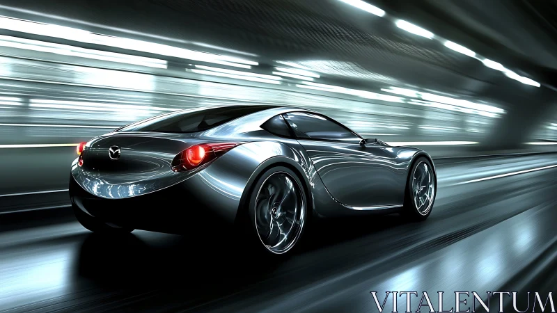 Futuristic Mazda sports coupe races through neon tunnel at speed.
