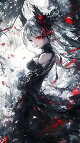 Dark anime enchantress stands amid swirling crimson petals