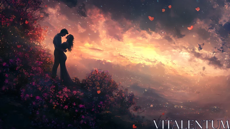 Silhouetted couple kissing amid purple flowers and golden sunset