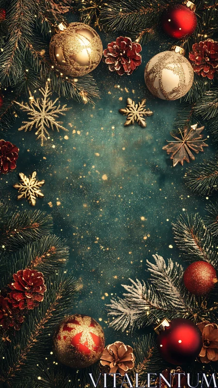 Golden Christmas baubles frame festive teal background.