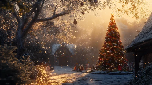Golden dawn twinkles over a storybook village Christmas tree.