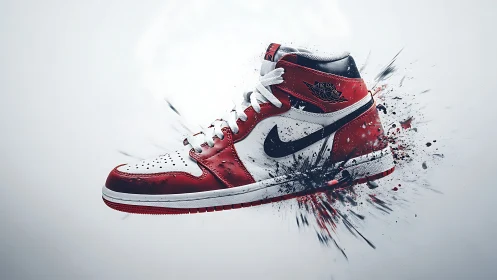 Red and white high-top sneaker with dynamic paint burst.