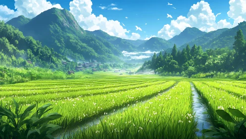 Sunlit rice terraces embracing peaceful mountain valleys.