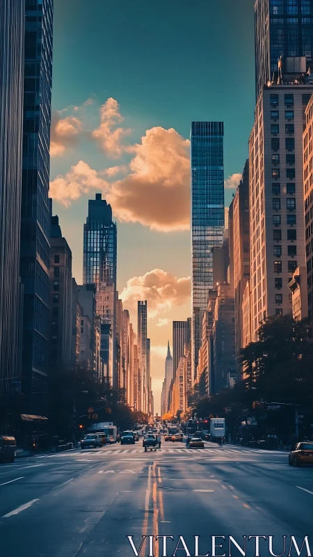 Golden hour city avenue glows between tall urban towers