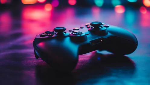 Next-generation gaming controller rendered in neon-saturated environment.