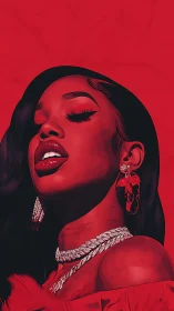 High-contrast red portrait with jeweled accessories and glossed lips.