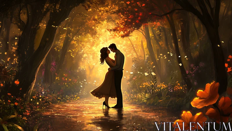 Silhouetted Couple in Luminescent Forest Canopy with Autumnal Foliage.