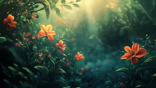 Orange Flowers in Misty Garden with Volumetric Golden Light