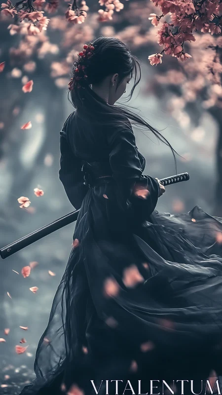 Blade and Blossom: Silent samurai drifting through petals.