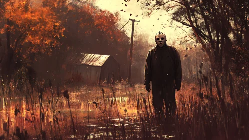 Masked wanderer in an eerie golden autumn clearing.