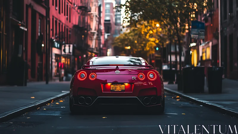 Rear view Nissan GT-R in moody urban street at dusk