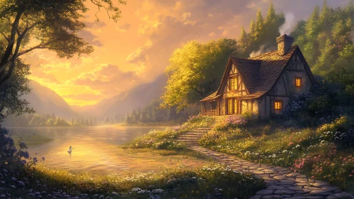 Sunlit lakeside cottage glows warmly against distant mountains
