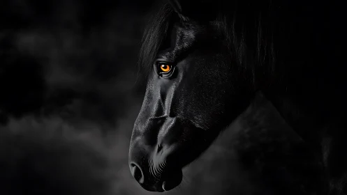 Black horse head in profile against dark blurred background