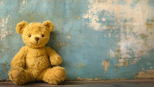 Golden teddy daydreams against a weathered turquoise wall.