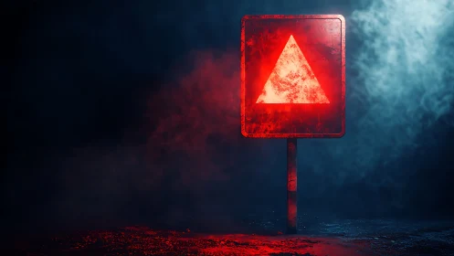 Neon Warning Triangular Signal Illuminated Against Dark Ambient Void.