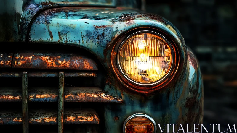 Close-up of rusty vintage truck headlight and grille.