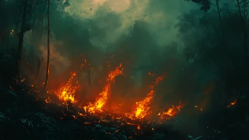 Wildfire engulfing dense forest with towering trees and thick smoke