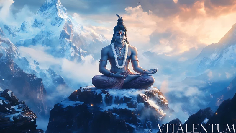 Divine blue deity meditating atop luminous Himalayan summit