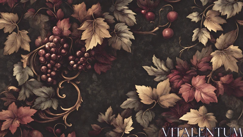 Grapevine foliage pattern with clustered fruit on dark ground.