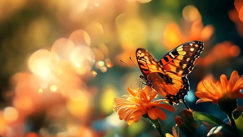 Butterfly rests on orange flowers in shallow depth of field