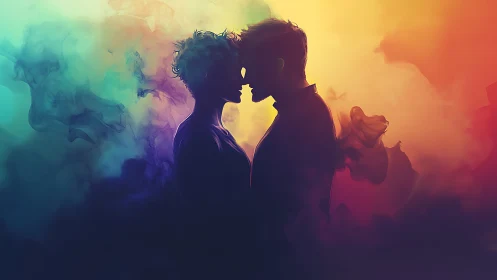 Silhouetted couple kissing in multicolor gradient haze.