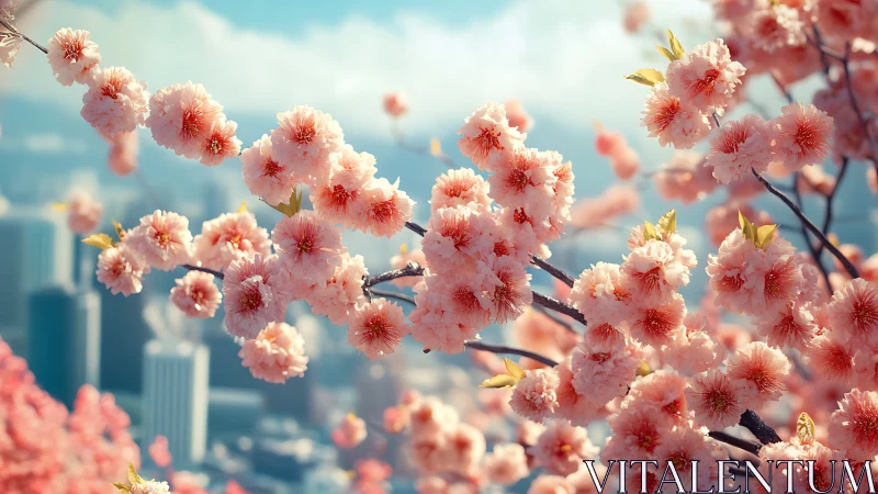 Pink flowering branches with urban skyline in soft focus background.